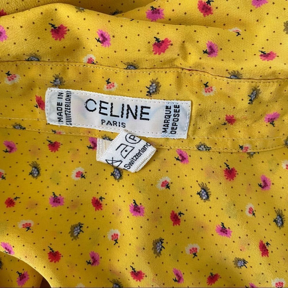 Celine Paris Vintage Yellow Silk Floral Blouse M - Picture 9 of 11